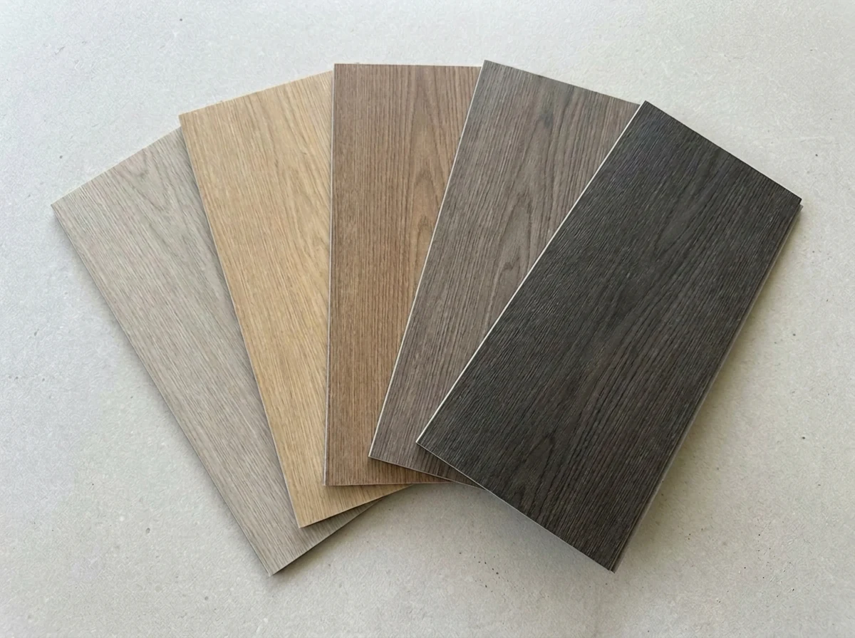 Maison Commercial vinyl and hybrid plank samples, pale greige through to charcoal